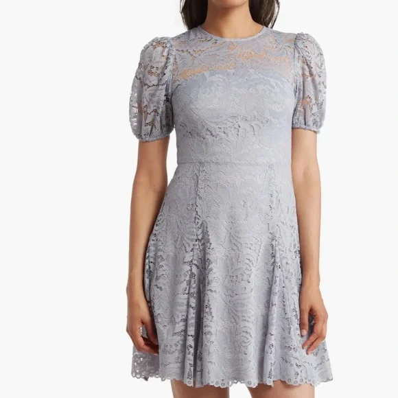 Vince Camuto Short Sleeve Lace Fit And Flare Dress, Womens, 8, Grey Vince Camuto Short Sleeve Lace Fit And Flare Dress, Womens, 8, Grey